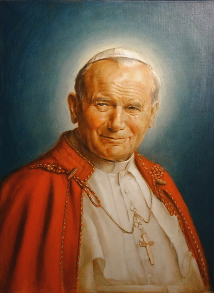  1/ portret papieża  św. Jan Paweł II, tech. obraz olejny na płótnie lnianym, wym. 60 x 46,  rok 2014, obraz znajduje się w kolekcji prywatnej w woj. mazowieckim