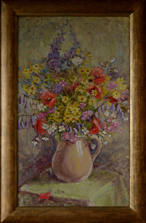 Polne kwiaty w wazonie, tech. obraz olejny na płótnie lnianym, wym . 36x60 w świetle ramy, rok 2015.JPG