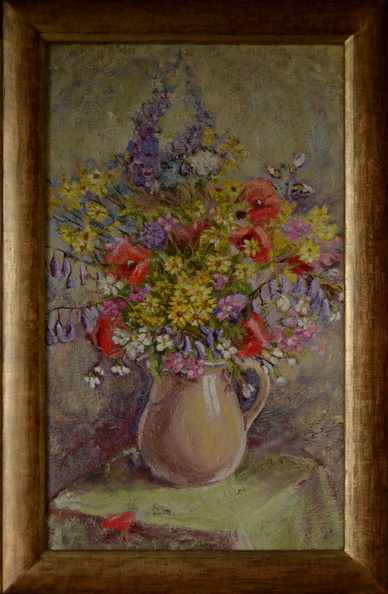 Polne kwiaty w wazonie, tech. obraz olejny na płótnie lnianym, wym . 36x60 w świetle ramy, rok 2015