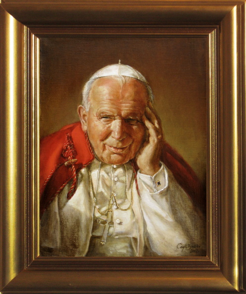 5/ pierwszy portret, św. Jan Paweł II, tech. olej na płótnie lnianym, wym.29x38 w świetle ramy, rok 2012, obraz znajduje się w kolekcji prywatnej w woj. kujawsko-pomorskim