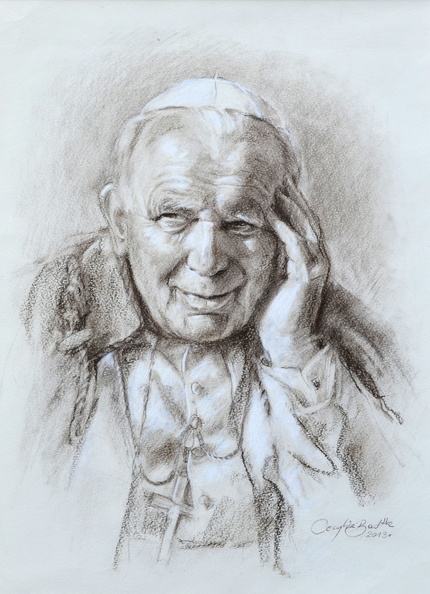 3R/ obraz portret św.Jan Paweł II, tech. rysunek sepią, wym. 30x40cm, rok 2013, obraz znajduje się w kolekcji prywatnej w woj. mazowieckim 