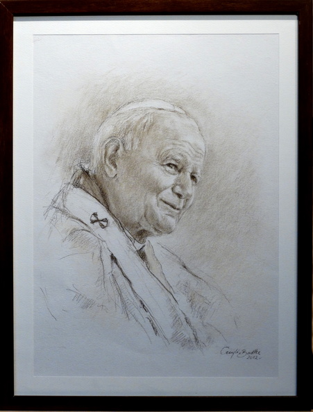  4R/ portret,  św. Jan Paweł, tech. rysunek pastela - sepia, wym. zewnętrzny z ramą 40x30 cm, rok 2012, obraz znajduje się w kolekcji prywatnej 