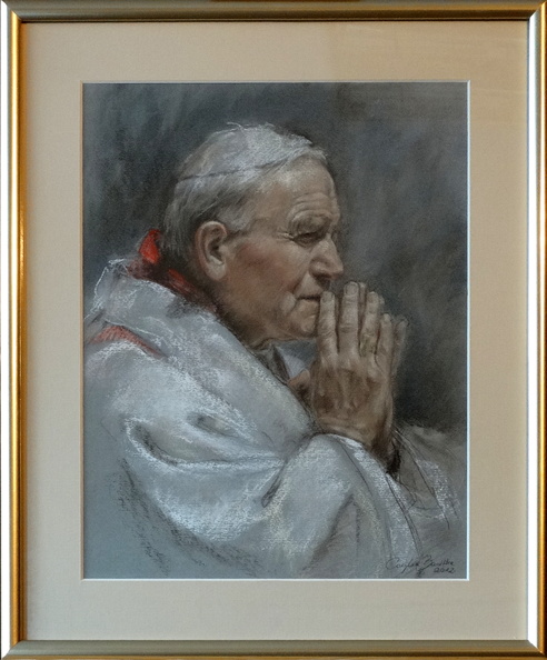 3P/ portret Św.Jan Paweł II, tech. sucha pastela, wym. zewnętrzny z ramą 48 x 40 cm, rok 2012, obraz znajduje się w kolekcji prywatnej w woj. pomorskim