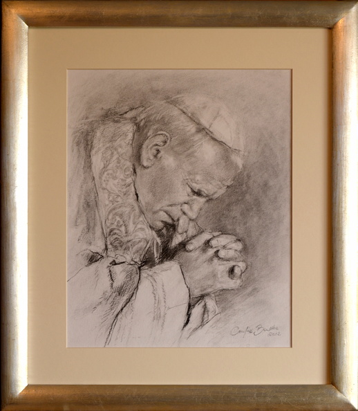 1R/ obraz portret św. Jan Paweł II, tech. rysunek węglem,  wym. zewnętrzny z ramą 43 x 50 cm, rok 2012, obraz znajduje się w kolekcji prywatnej w woj. pomorskim