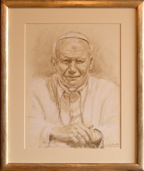 2R/ obraz portret, św. Jan Paweł II, tech.rysunek pastelą-sepia, wym. zewnętrzny z ramą 38 x 46 cm, rok 2013, obraz znajduje się w kolekcji prywatnej w woj. pomorskim