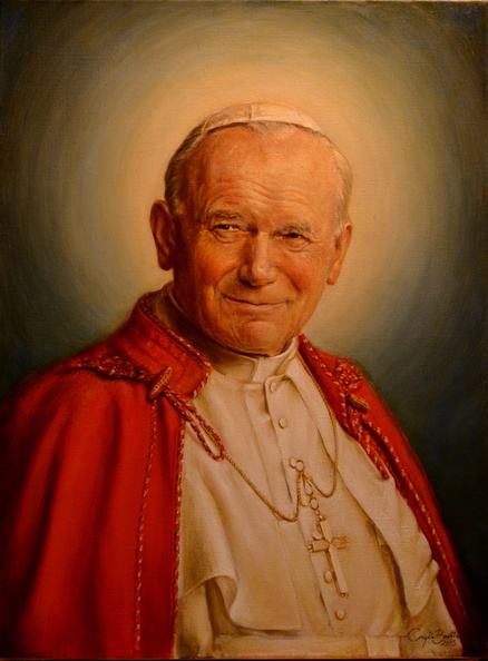 2/ portret  papieża św. Jana Pawła II, tech. obraz olejny na płótnie lnianym, wym. w świetle ramy 62x46 ( z ramą 75x59), rok 2015, obraz znajduje się w kolekcji prywatnej w woj. pomorskim
