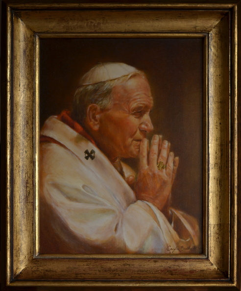 4/ portret papieża św. Jan Paweł II, obraz olejny na płótnie lnianym o wym.28x37, rok 2013, obraz znajduje się w kolekcji prywatnej w woj. kujawsko - pomorskim 