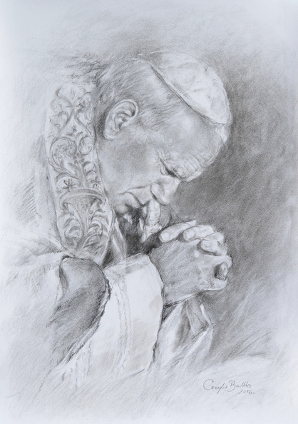 6R/ portret papieża św.Jana Pawła II, tech. rysunek węglem, wym. w antyramie 59,4 x 42, rok 2016, rysunek znajduje sie w kolekcji prywatnej w woj. wielkopolskim