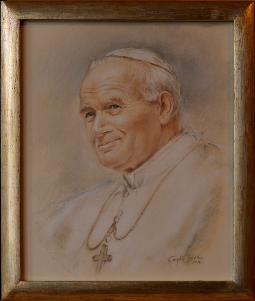 7P/ portret św. Jana Pawła II, tech. sucha pastela, wym. zewnętrzny z ramą 25 x 30 cm, rok 2016, obraz znajduje się w kolekcji prywatnej w woj. śląskim, 