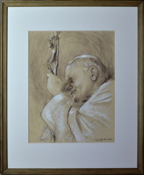 8R/ Św. Jan Paweł II , tech. rysunek pastelą-sepia, wym. w oprawie 43x35,rok 2012, obraz znajduje się w kolekcji prywatnej 