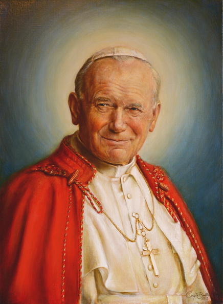2/ portret kanonizacyjny  św. Jan Paweł II, tech. obraz olejny na płótnie lnianym, wym. 46x62 , rok 2015 , obraz znajduje się w kolekcji prywatnej w woj.pomorskim