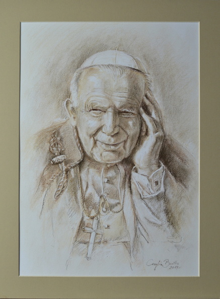 9R/ portret św. Jan Paweł II, tech. rysunek - trzy kredki, wym. w antyramie z passepartout 30x40, rok 2017, obraz znajduje się w kolekcji prywatnej w woj. śląskim 