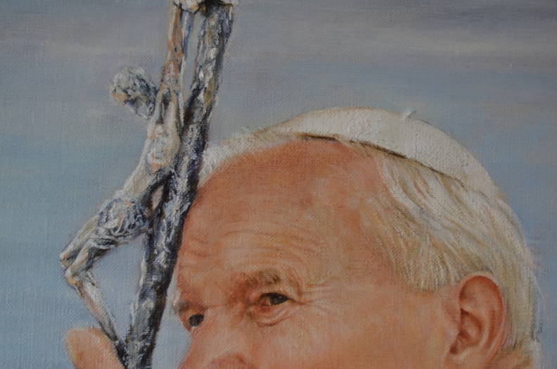 9/obraz  portret Św. Jan Paweł II, tech. olej na płótnie lnianym, wym. 71 x 53cm w oprawie, rok 2017