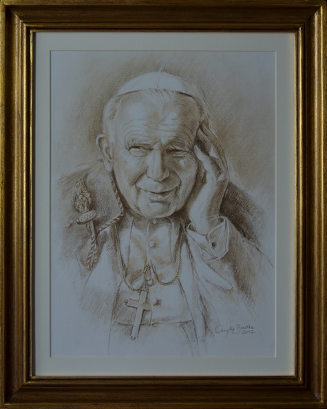 10R/ portret św. Jan Paweł II, tech. rysunek - trzy kredki, wym. zewnętrzny w ramie 50x40, rok 2017, obraz znajduje się w kolekcji prywatnej w woj.mazowieckim