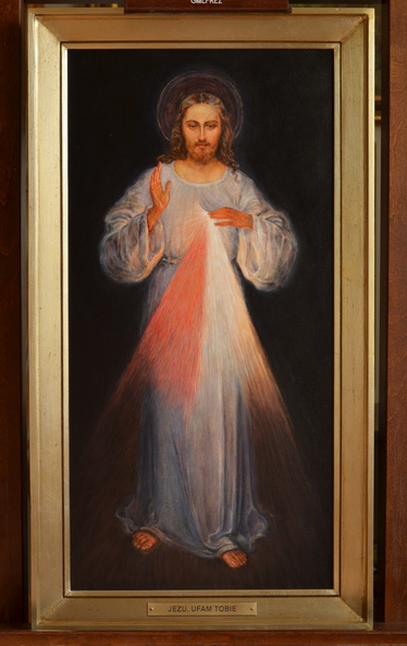 Kopia obrazu Jezus Miłosierny wg. oryginału pędzla Eugeniusza Kazimirowskiego WILNO, tech. obraz olejny na płótnie, wym. w świetle ramy 40 x 80 cm, rok 2020, obraz znajduje się w kolekcji prywatnej w woj. pomorskim