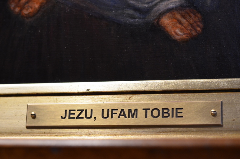 Kopia obrazu Jezus Miłosierny wg. oryginału pędzla Eugeniusza Kazimirowskiego WILNO, tech. obraz olejny na płótnie, wym. w świetle ramy 40 x 80 cm, rok 2020, obraz znajduje się w kolekcji prywatnej w woj. pomorskim