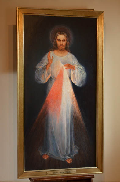 3/ Kopia obrazu Jezus Miłosierny wg. oryginału pędzla Eugeniusza Kazimirowskiego WILNO, tech. obraz olejny na płótnie, wym. w świetle ramy 160 x 80 cm, rok 2022, obraz znajduje się w kolekcji prywatnej