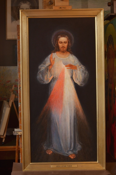 4/ Kopia obrazu Jezus Miłosierny wg. oryginału pędzla Eugeniusza Kazimirowskiego WILNO, tech. obraz olejny na płótnie, wym. w świetle ramy 88 x 41 cm, rok 2023, obraz znajduje się w kolekcji prywatnej 